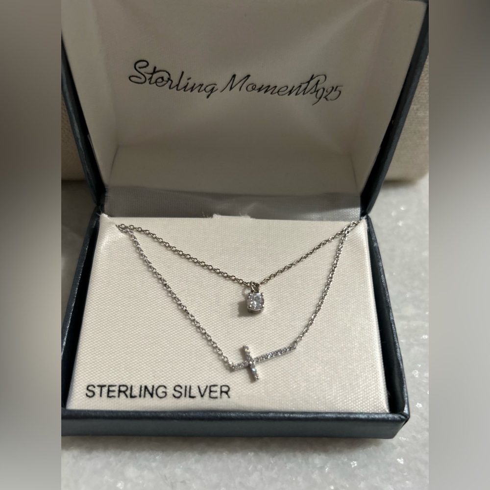 Sterling silver layered cross and CZ necklace 16” + 2” NIB but no tag- unworn